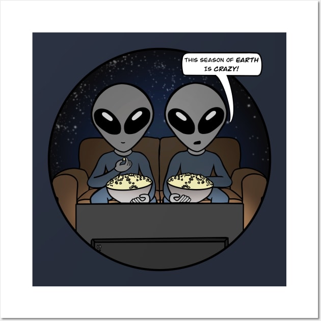 Gray Aliens Watching Earth on TV - Version 2 Wall Art by SpaceAlienTees